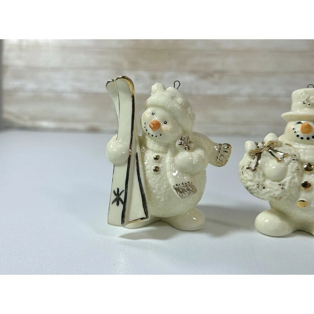 Vtg Porcelain Jade Snowman Ornaments Set Of 2 Ski Broom White Gold Color Accent
